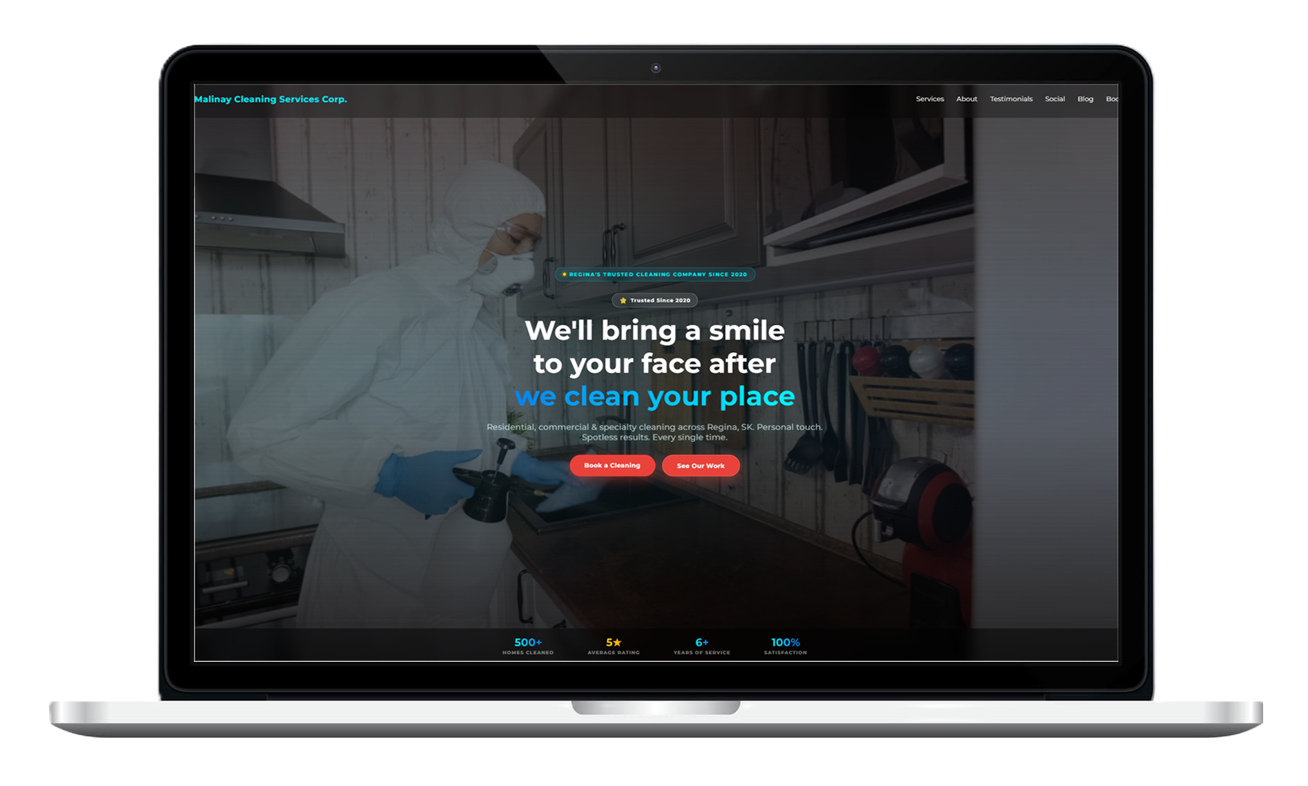Malinay Cleaning Services website shown on a laptop