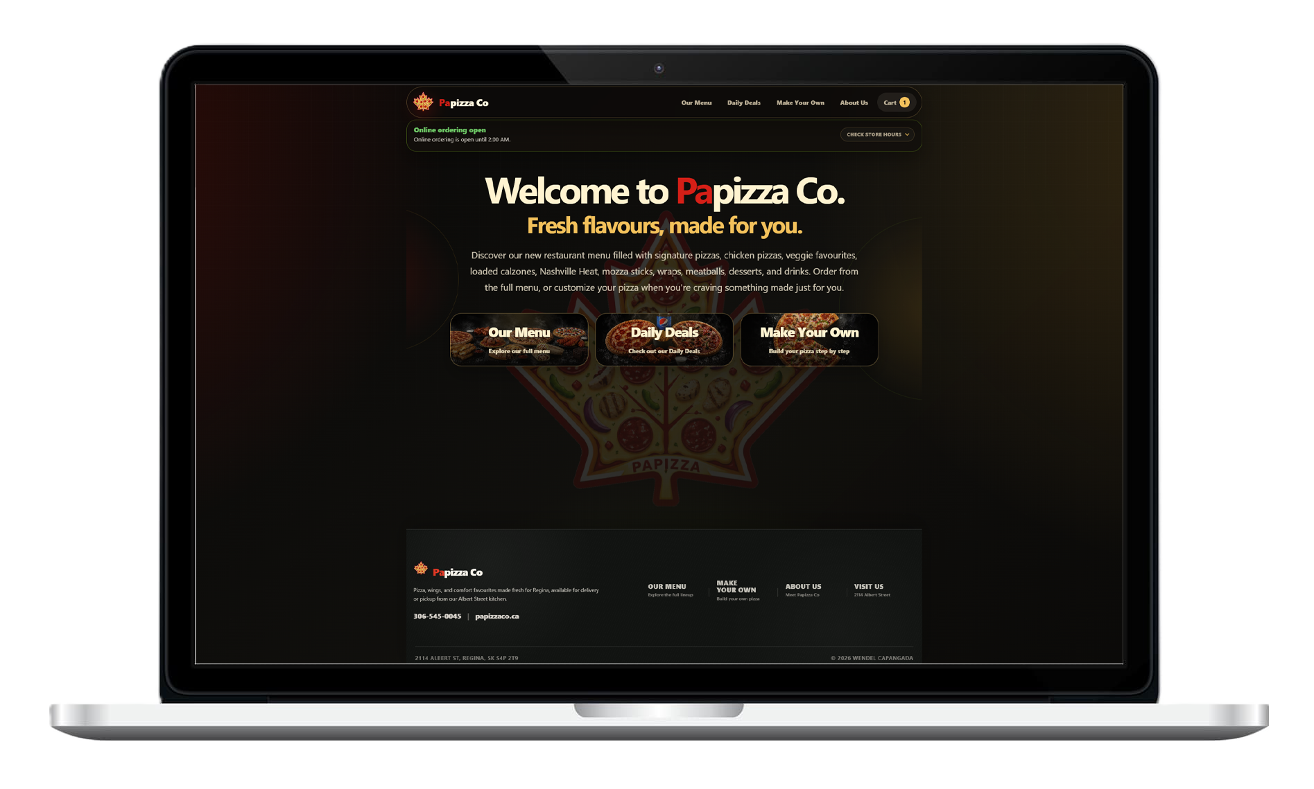 Papizza Co online ordering website shown on a laptop