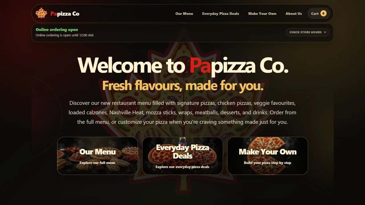 Papizza Co online ordering website desktop homepage